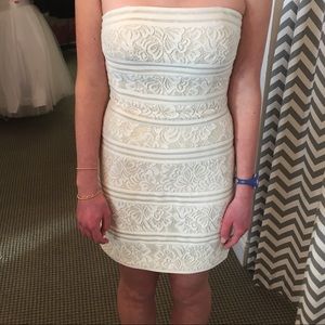 Le Femme Strapless White Lace Mini Dress with Shimmer, size 2